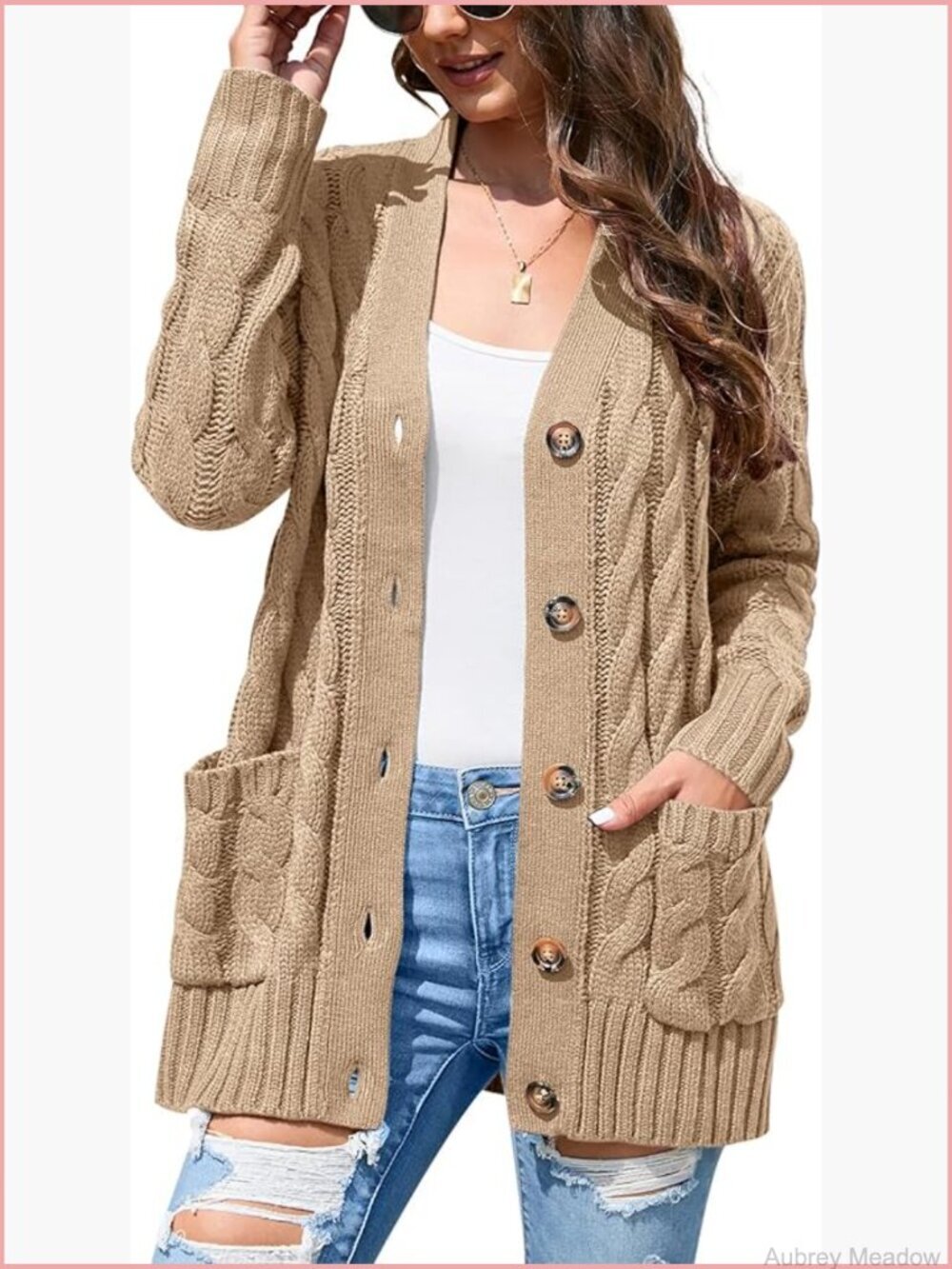 Women's Chunky Cable Knit Cardigan Open Front V-Neck Long Sleeve with Pockets